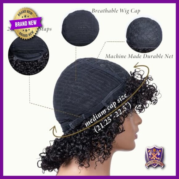 Short Curly Human Hair Wig with Bangs 200% Density Glueless No Lace - Picture 6 of 6